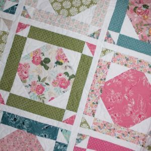 Snowball Quilt top green_teal_pink_white floral
