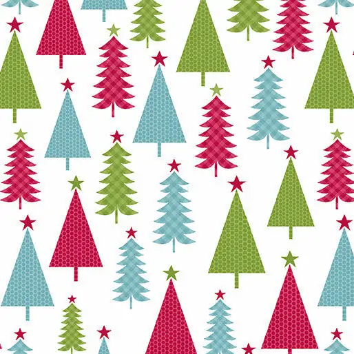 Joy Cherry Guidry Multi Color Christmas Trees on White Fabric