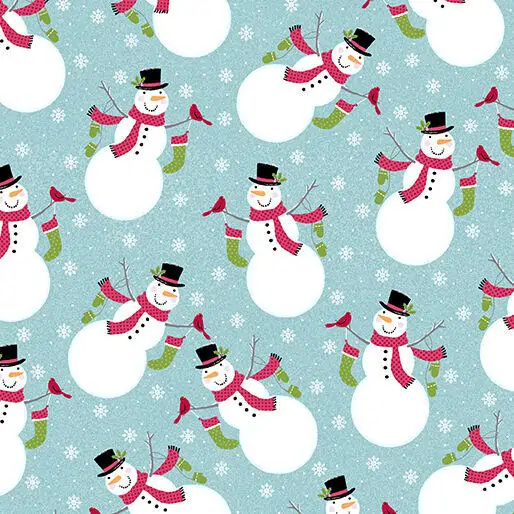 Joy Cherry Guidry Snowmen on Blue Fabric