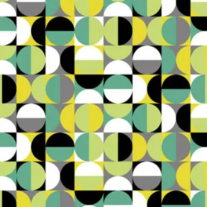 Green, black, gray, white, yellow circular design fabric