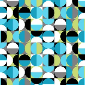 Blue, black, gray, white, and green circular design fabric