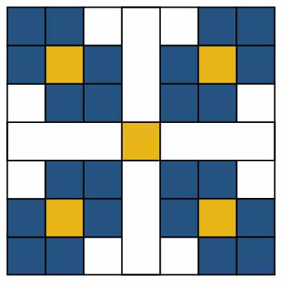 Tonganoxie Nine Patch quilt block image in blue, yellow, and white